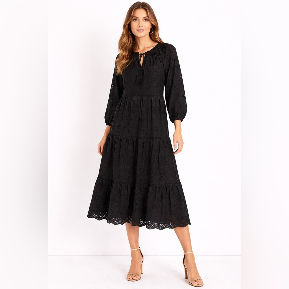Chico's black midi dress tiered ruffle eyelet